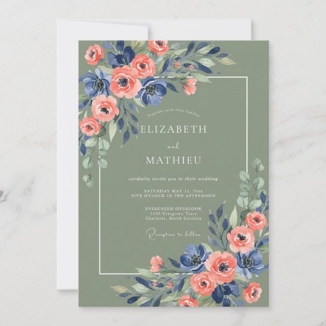 Invitation Mariage rustique floral vert sauge et marine (Devant)