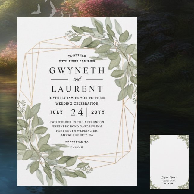 Invitation Mariage rustique géométrique doré à la verdure élé (Créateur téléchargé)