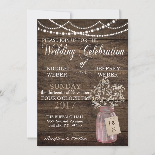 Invitation Mariage Rustique Grange Rose Mason Jar Babys Respi (Devant)
