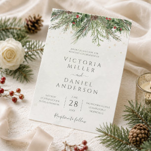 Invitation Mariage Rustique Hiver Baies Cônes de Pin Verdure