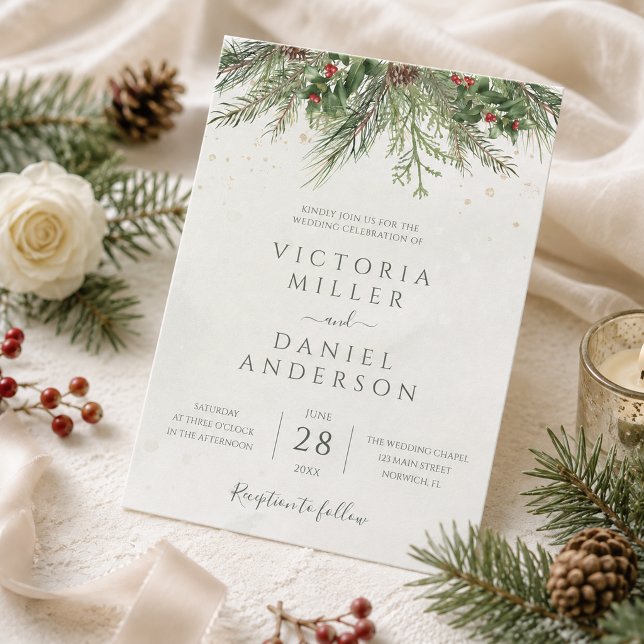 Invitation Mariage Rustique Hiver Baies Cônes de Pin Verdure (Créateur téléchargé)