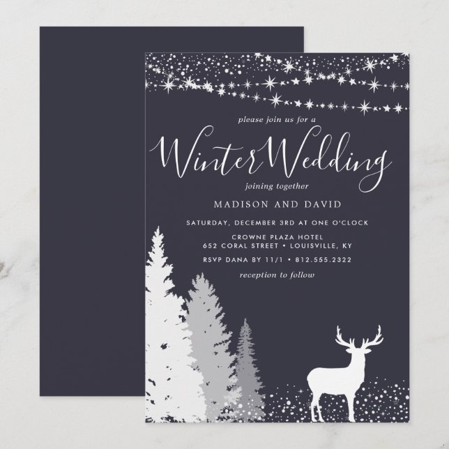 Invitation Mariage rustique hivernal de cerf en forêt (Devant / Derrière)