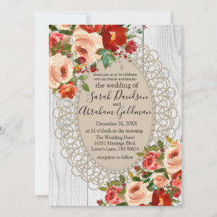 Invitation Mariage rustique I en bois blanc dentelle fleurs r