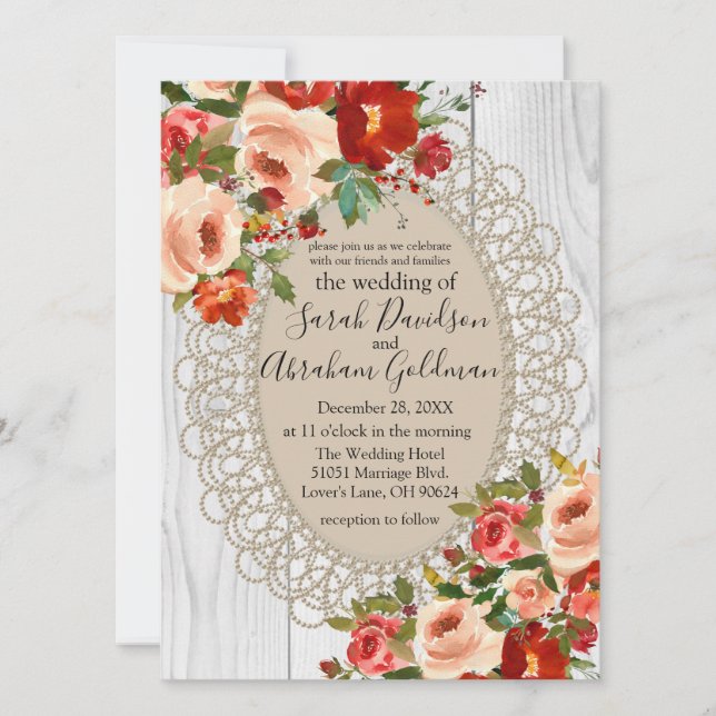 Invitation Mariage rustique I en bois blanc dentelle fleurs r (Devant)