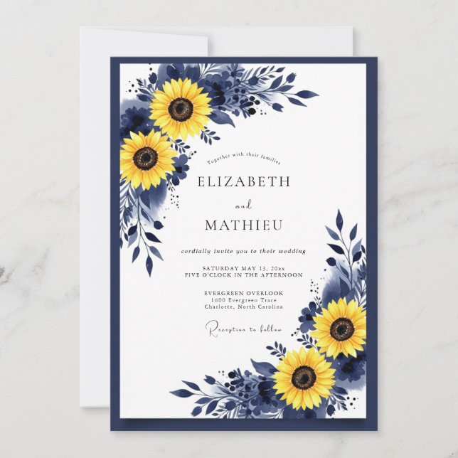 Invitation Mariage Rustique Jaune Vibrant Bleu Marine (Devant)