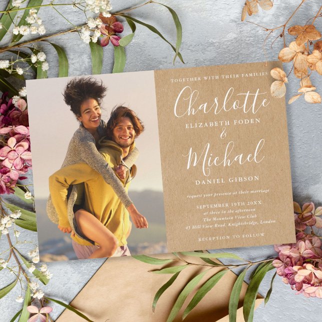 Invitation Mariage rustique Kraft Chic avec photo et écriture (Créateur téléchargé)
