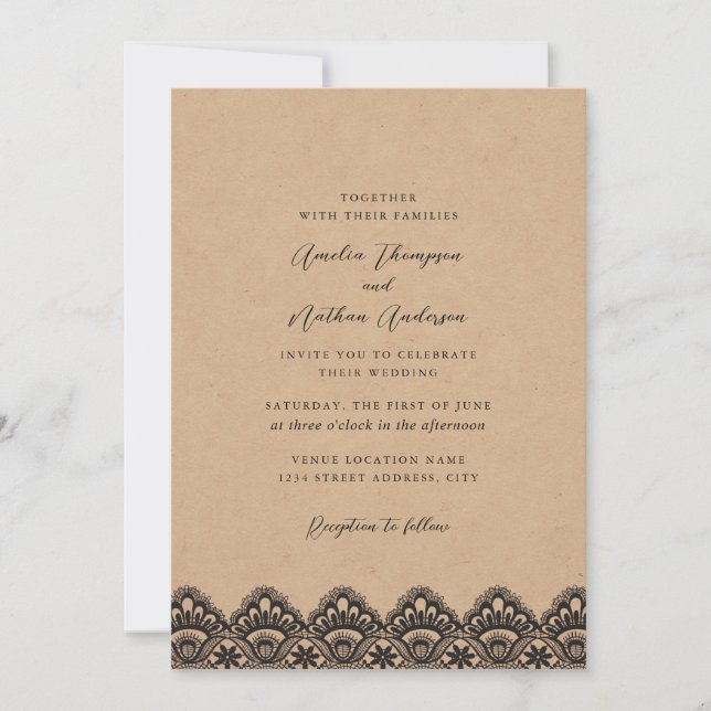 Invitation Mariage rustique kraft dentelle vintage (Devant)