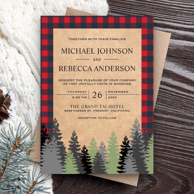 Invitation Mariage Rustique Kraft Rouge Plaid Evergreen (Créateur téléchargé)