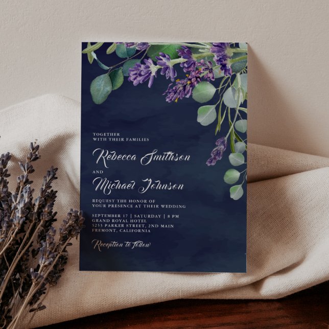 Invitation Mariage Rustique Lavande et Eucalyptus Bleu Nuit (Créateur téléchargé)