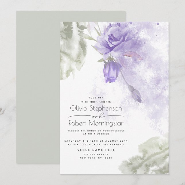 Invitation Mariage | Rustique Lilac Purple Floral (Devant / Derrière)