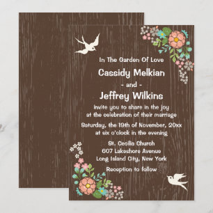 Invitation Mariage Rustique Marron Bois Rose Fleurs Colombes