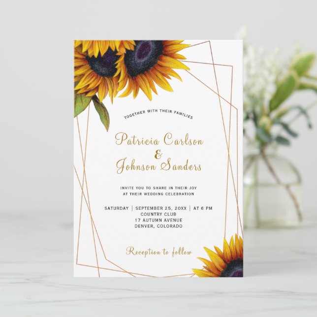 Invitation Mariage rustique moderne cadre or tournesol (Debout devant)