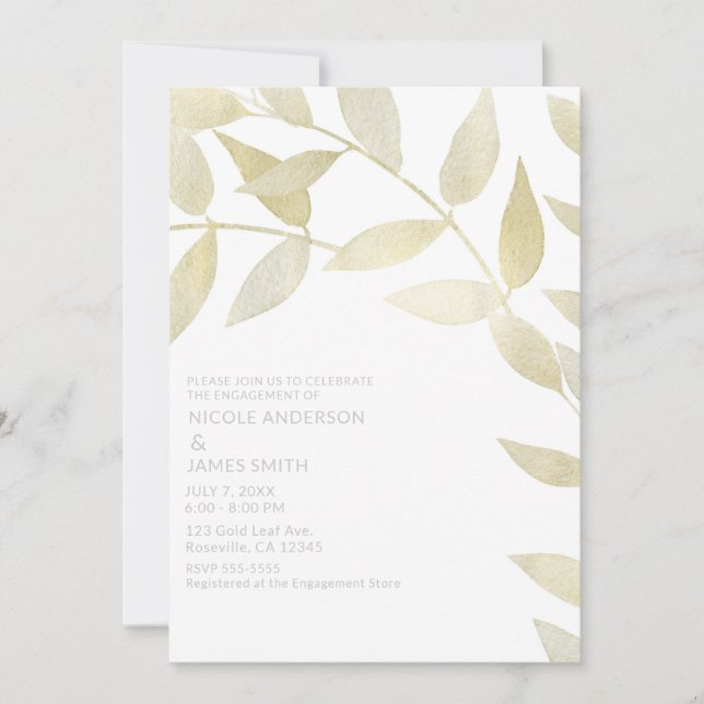 Invitation Mariage Rustique Moderne Feuilles Dorées Fiançaill (Devant)