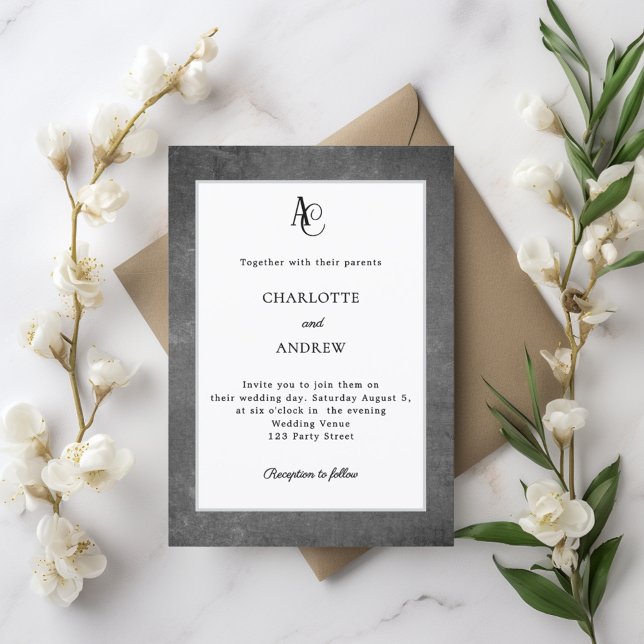 Invitation Mariage rustique monogramme moderne blanc gris (Créateur téléchargé)