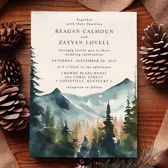 Invitation Mariage Rustique Montagnes et Pins à l'Aquarelle (Créateur téléchargé)
