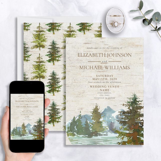 Invitation Mariage rustique montagnes forêt aquarelle bouleau (Créateur téléchargé)