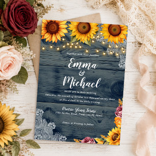 Invitation Mariage rustique Navy Tournesol Bourgogne Dentelle