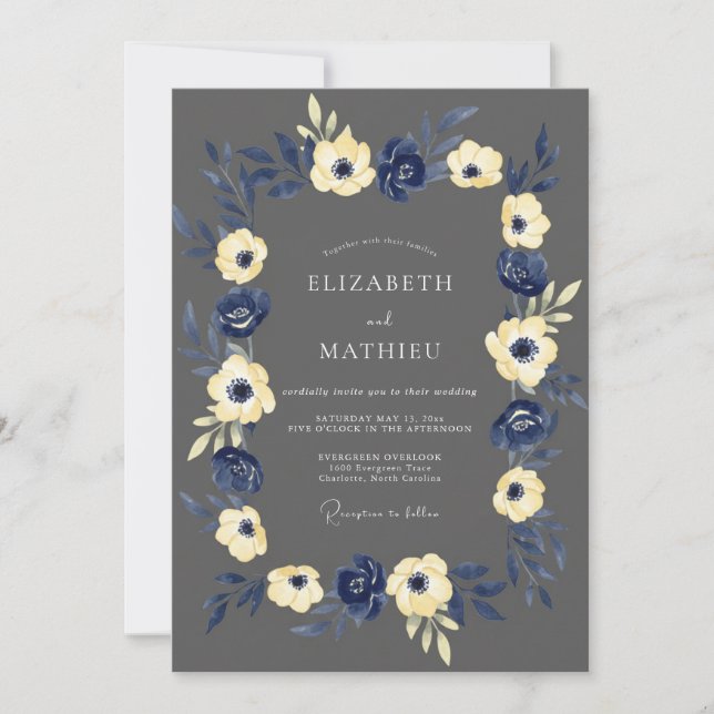 Invitation Mariage rustique Navy Yellow Blossom (Devant)