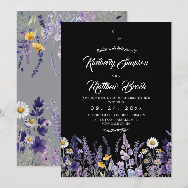 Invitation Mariage rustique noir de fleurs sauvages moderne e (Devant / Derrière)