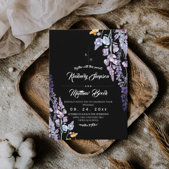 Invitation Mariage rustique noir de fleurs sauvages moderne e (Créateur téléchargé)
