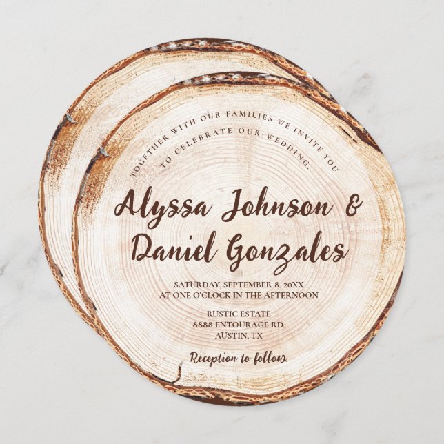 Invitation Mariage rustique Noms de script Bois Coupe disque  (Devant / Derrière)