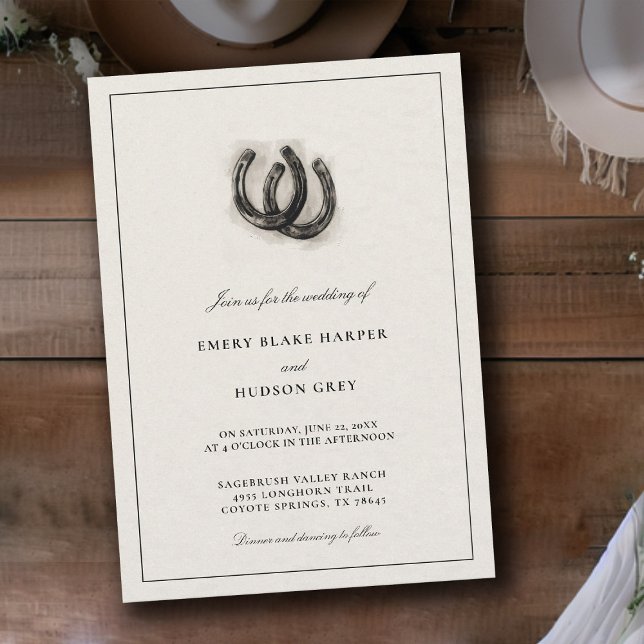 Invitation Mariage rustique occidental de style vintage (western wedding invitation cowboy country horseshoes horse lovers vintage black white elegant)