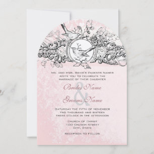 Invitation Mariage rustique oiseaux roses musique vintage