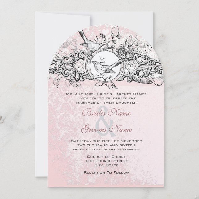 Invitation Mariage rustique oiseaux roses musique vintage (Dos)