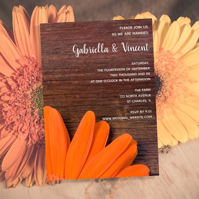 Invitation Mariage rustique Orange Daisy et Barn Wood (Créateur téléchargé)