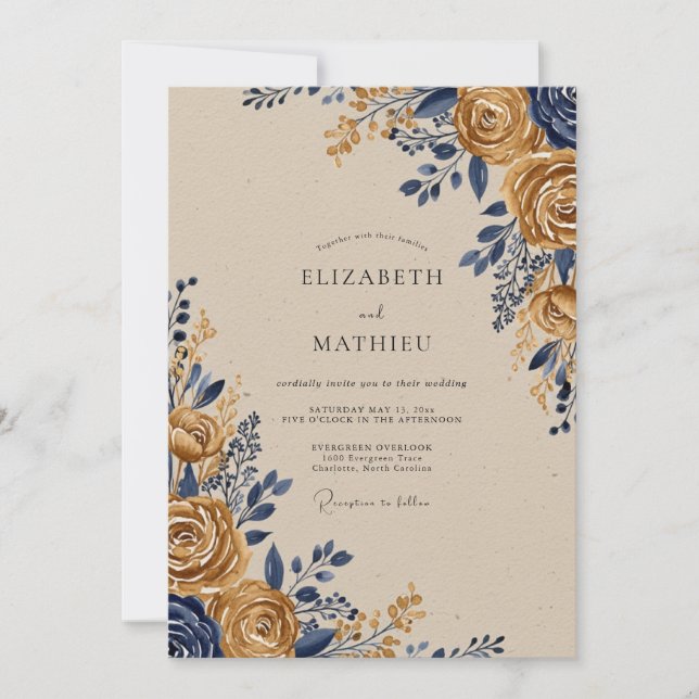 Invitation Mariage rustique orné de doré et de bleu de marine (Devant)