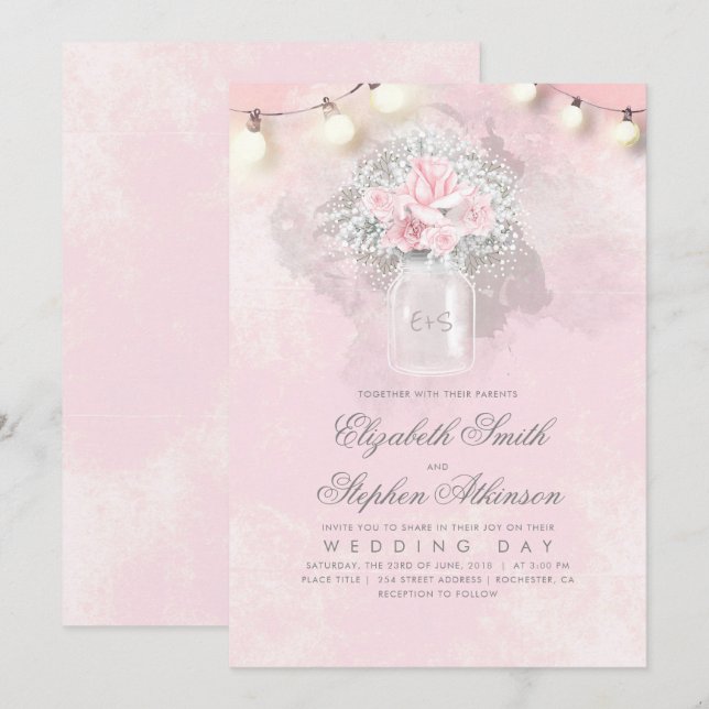Invitation Mariage rustique Pink Floral Baby's Breath Mason J (Devant / Derrière)