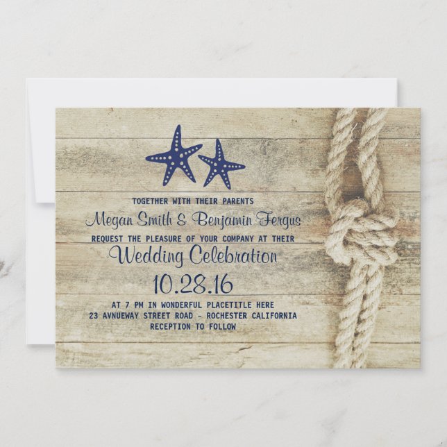 Invitation Mariage Rustique Plage Bois Flotté Corde Marine Bl (Devant)