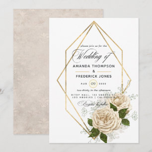 Invitation Mariage rustique polygonal floral ivoire