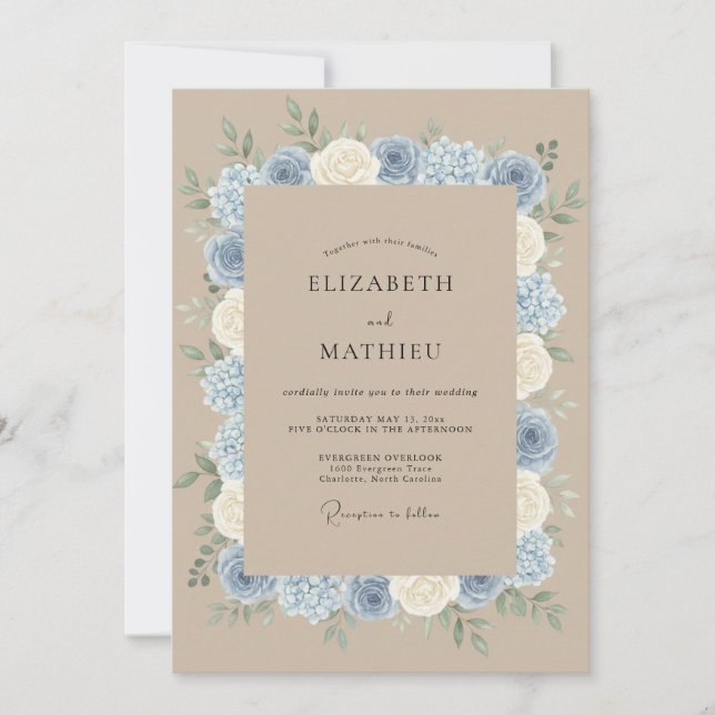 Invitation Mariage Rustique Raffiné Bleu Poussiéreux (Devant)