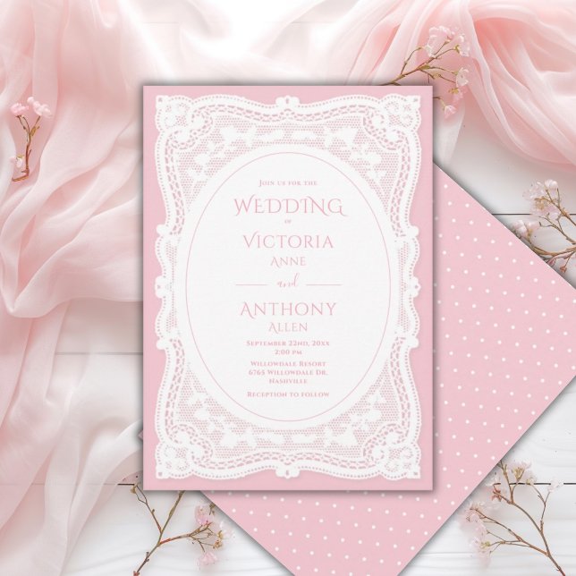 Invitation Mariage rustique rose et blanc dentelle vintage (Créateur téléchargé)