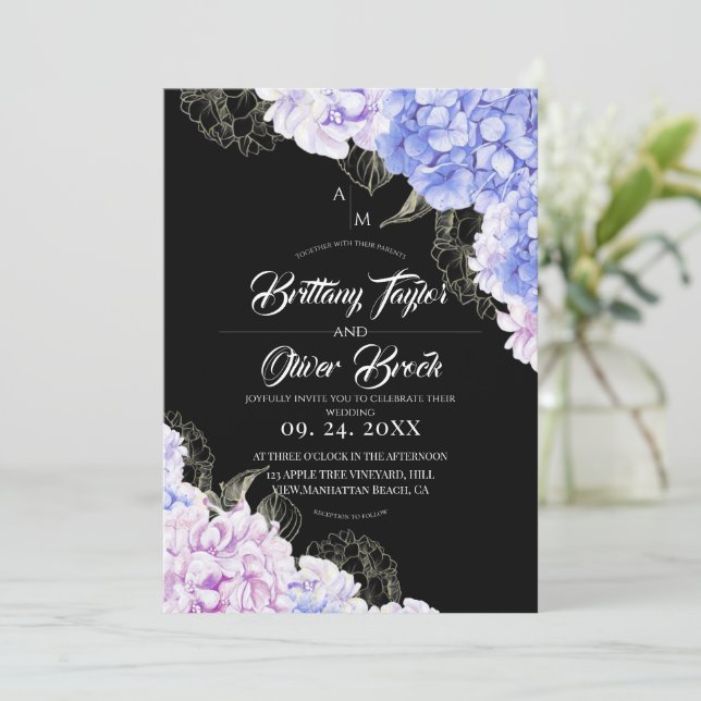 Invitation Mariage rustique rose et bleu foncé d'hortensia  (Debout devant)