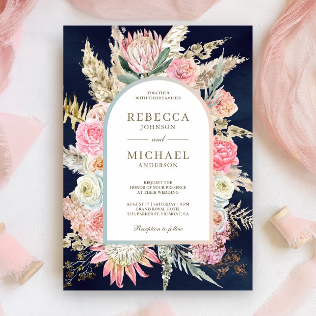 Invitation Mariage Rustique Rose Pâle Floral Pampas Bleu Mari (Créateur téléchargé)