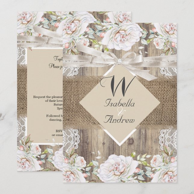 Invitation Mariage Rustique Roses Beiges et Blanches Bois Toi (Devant / Derrière)
