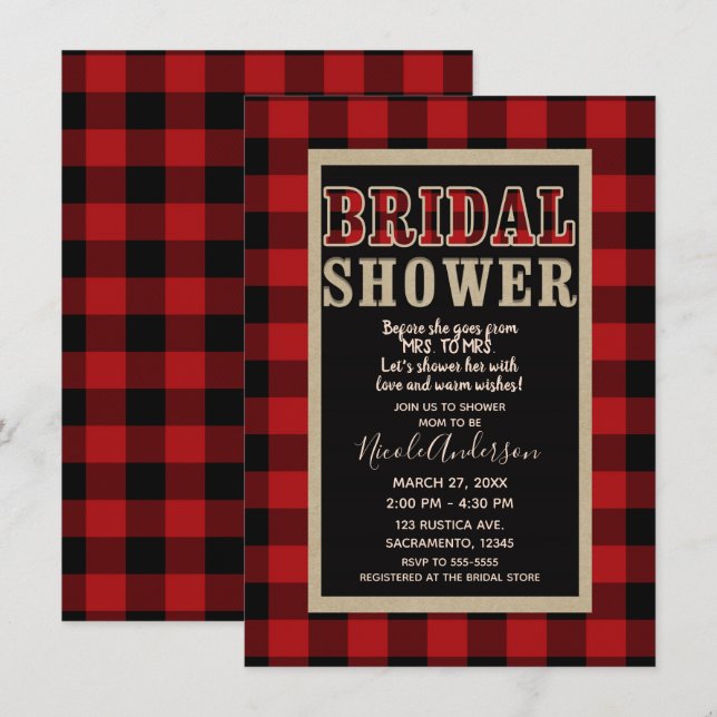Invitation Mariage rustique rouge et noir à carreaux de buffl (Devant / Derrière)