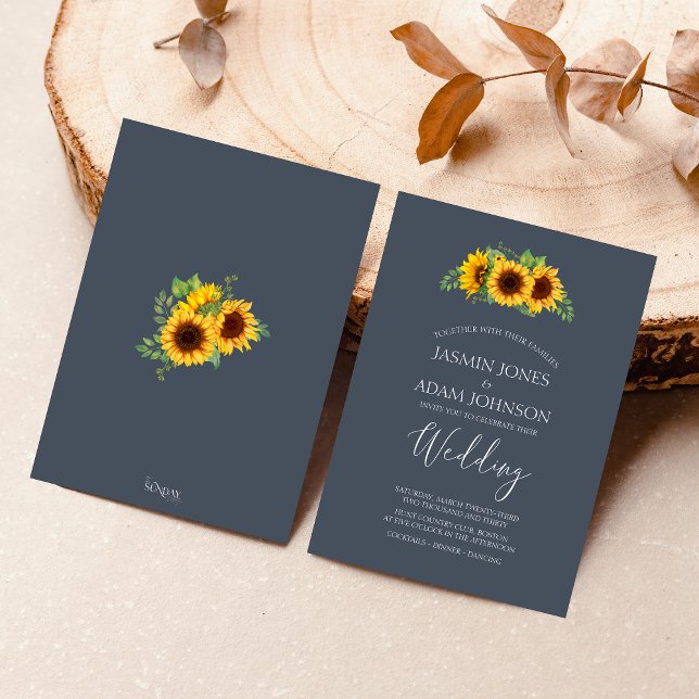 Invitation Mariage Rustique Royal Blue Sunflower Boho (Rustic Yellow and Navy Blue Sunflower Boho Wedding Invitation)