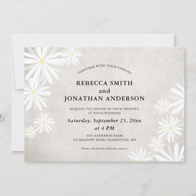 Invitation Mariage rustique simple avec marguerites blanches (Devant)