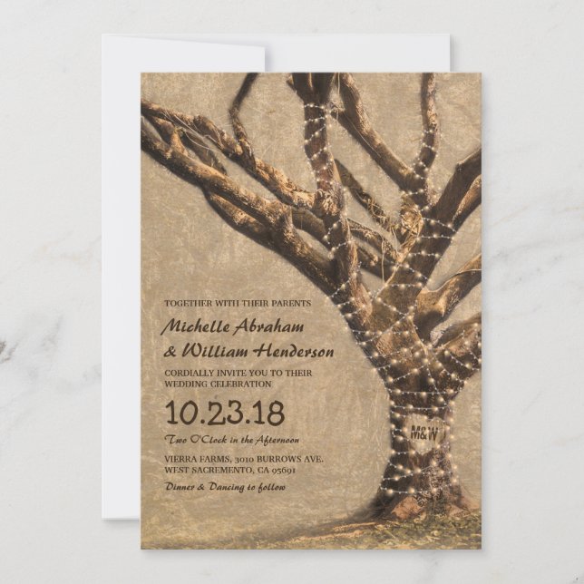 Invitation Mariage rustique sous un arbre avec des guirlandes (Devant)