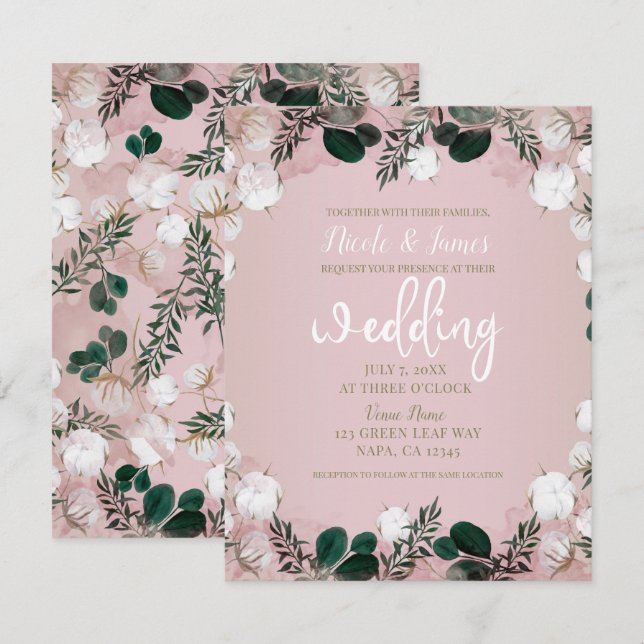 Invitation Mariage rustique taupe coton floral verdure (Devant / Derrière)