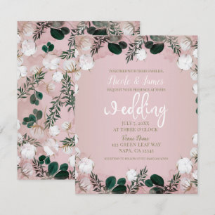 Invitation Mariage rustique taupe coton floral verdure Blush