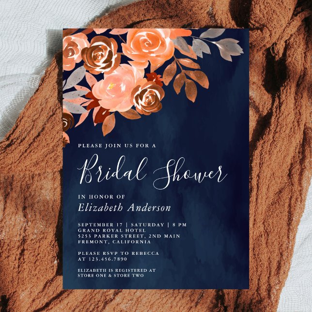 Invitation Mariage rustique terracotta floral bleu marine (Créateur téléchargé)