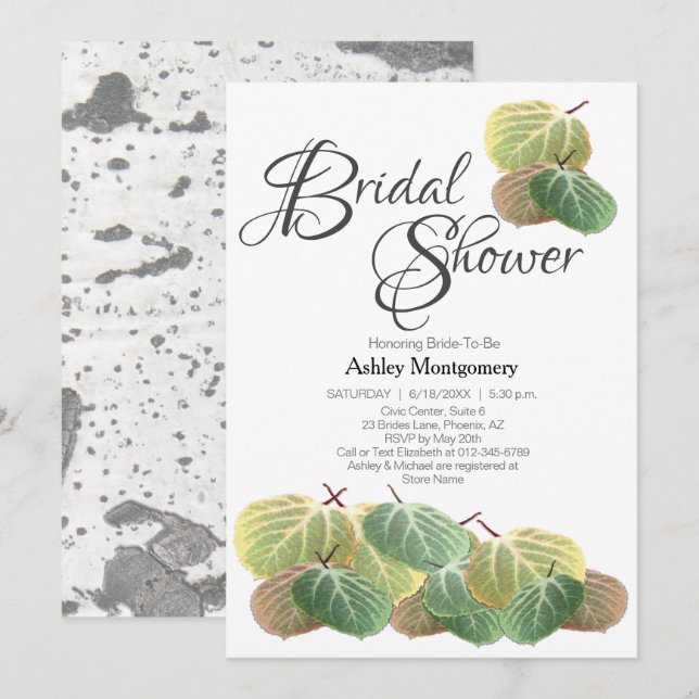 Invitation Mariage Rustique Thème Écorce et Feuilles de Tremb (Devant / Derrière)
