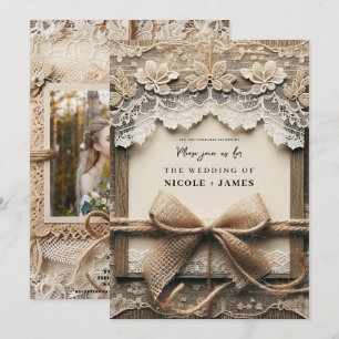 Invitation Mariage rustique toile de jute dentelle florale ro