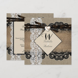 Invitation Mariage rustique toile de jute hessienne dentelle