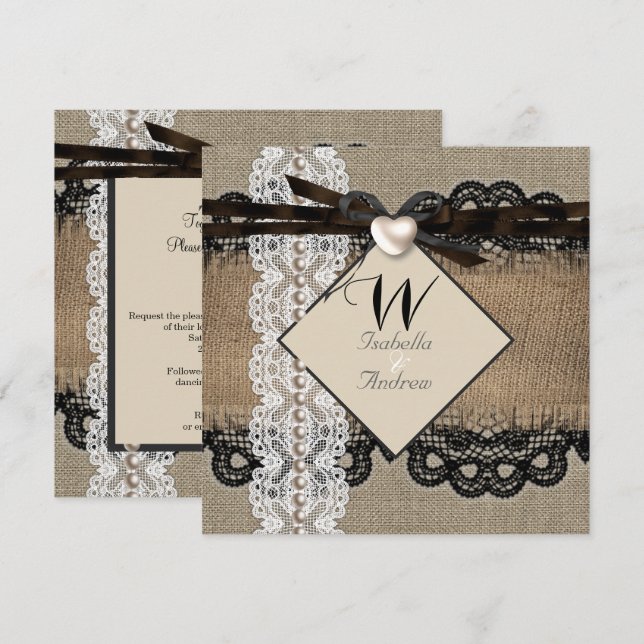 Invitation Mariage rustique toile de jute hessienne dentelle  (Devant / Derrière)