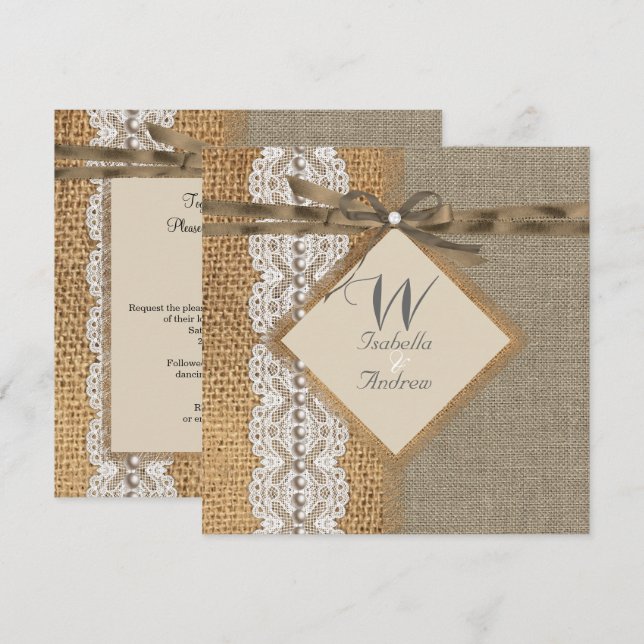 Invitation Mariage Rustique Toile de Jute Lace Perle (Devant / Derrière)
